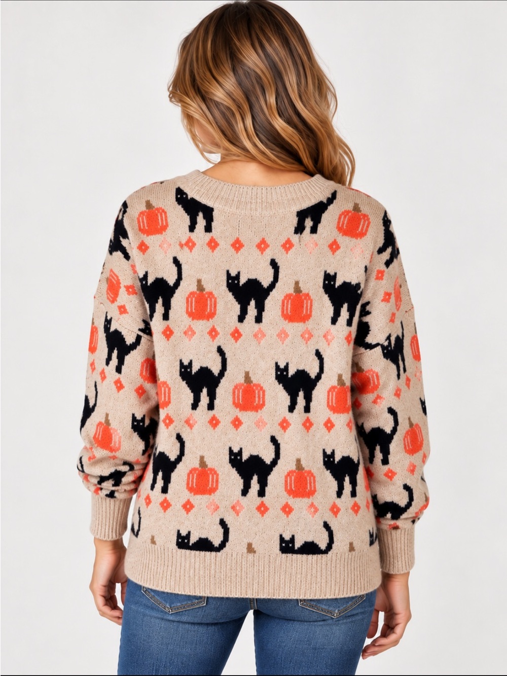 VINCE CAMUTO Women’s Halloween Sweater Tan w/Black Cats & Pumpkins Drop Sleeve - Picture 4 of 6